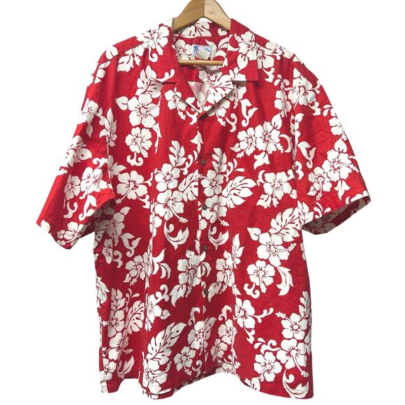 Vintage Hawaiian Men’s Button Up Shirt Red White Hibiscus Floral Print Size 3XL - Picture 1 of 4